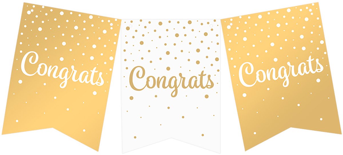 Vlaggenlijn | Set á 6 stuks | Feestvlaggen banner goud wit | met text Congrats | 6 meter | 10 vlaggen | hoogte 20 cm